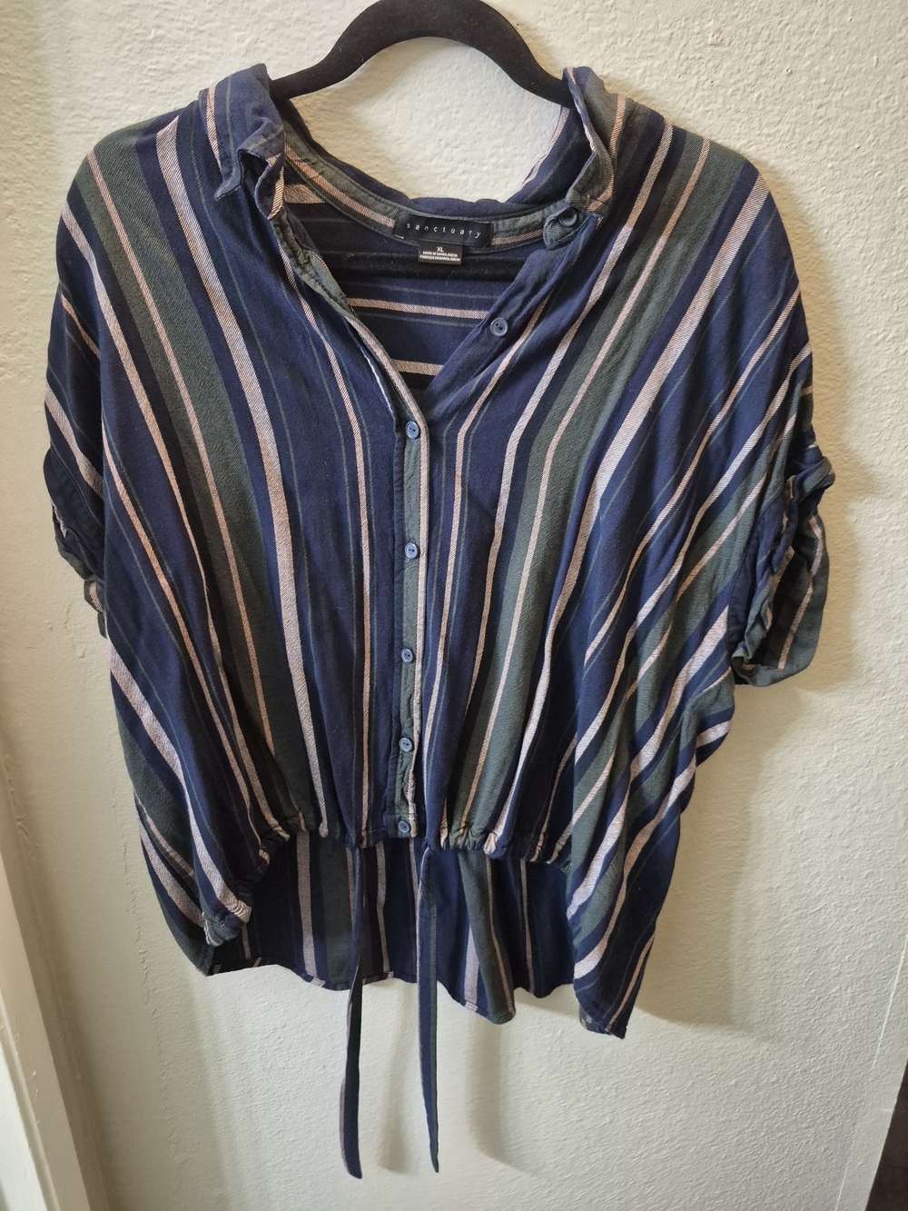 Sanctuary Striped Button-Front Drawstring Top in Navy, Green & Blush